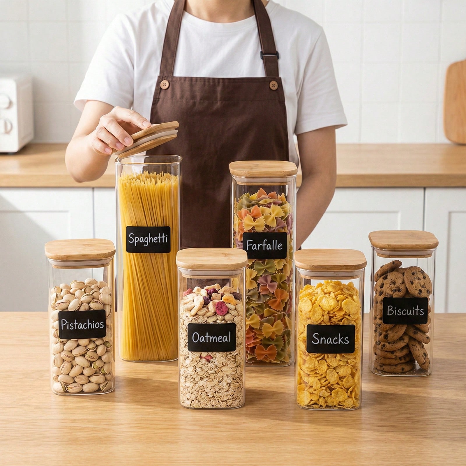 Kitchen Baking Storage Containers - 6/12個入りガラス製食品保存容器（蓋付き）、小麦粉、砂糖、ベーキング用品、乾燥食品の保存に適した2種類の容量、キッチンパントリー整理用プラスチック容器、キッチンアクセサリー