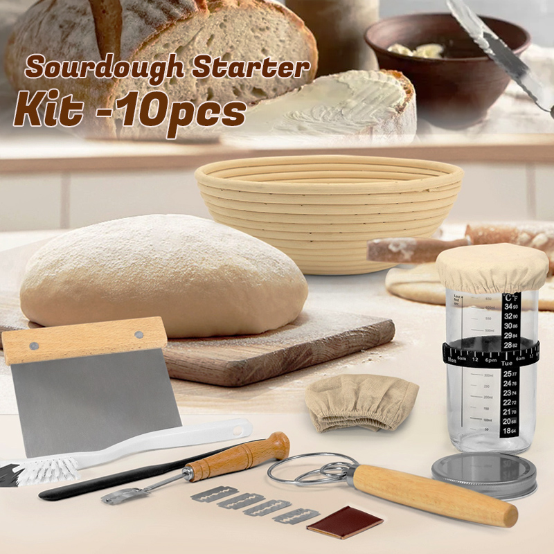 Kitchen Glass Baking Set - 650mlサワードウスターターキットガラス瓶 9インチ籐製プルーフィングバスケット パン焼きツール 発酵セット キッチン職人パン