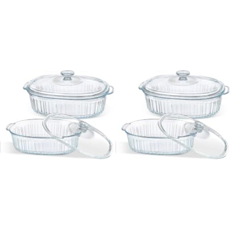 Kitchen Glass Baking Set - キッチン用ベーキング皿セット、ホウケイ酸ガラス製、透明、オーブン対応、密閉蓋付き、1.9クォートと3クォート