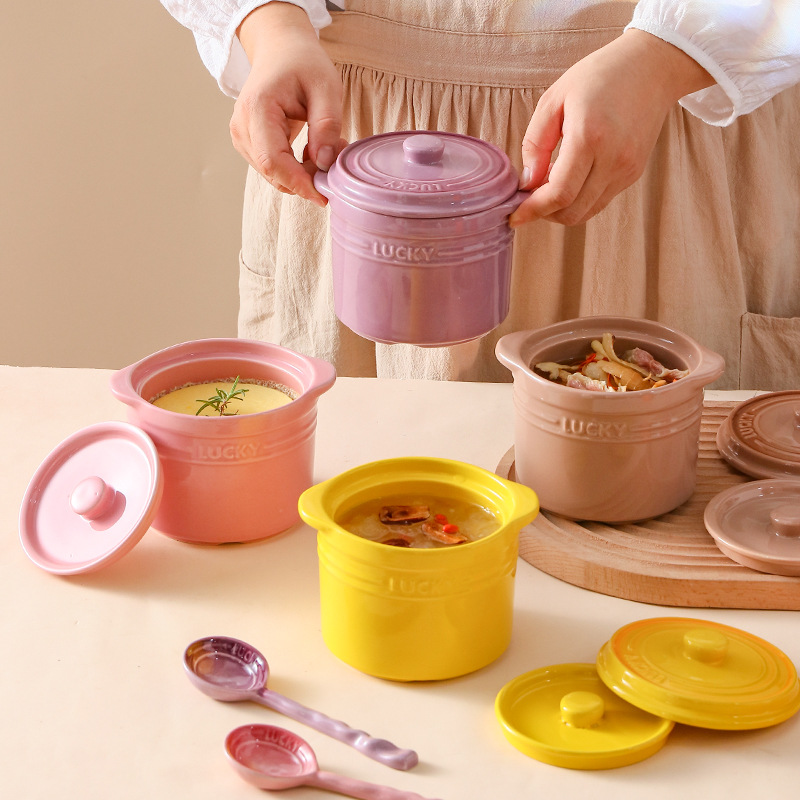 Kitchen Baking Utensil - 二重蓋セラミックボウル、鳥の巣蒸し卵ボウルデザートカップストックポット沸騰、煮る調理ポットキッチン調理ツール