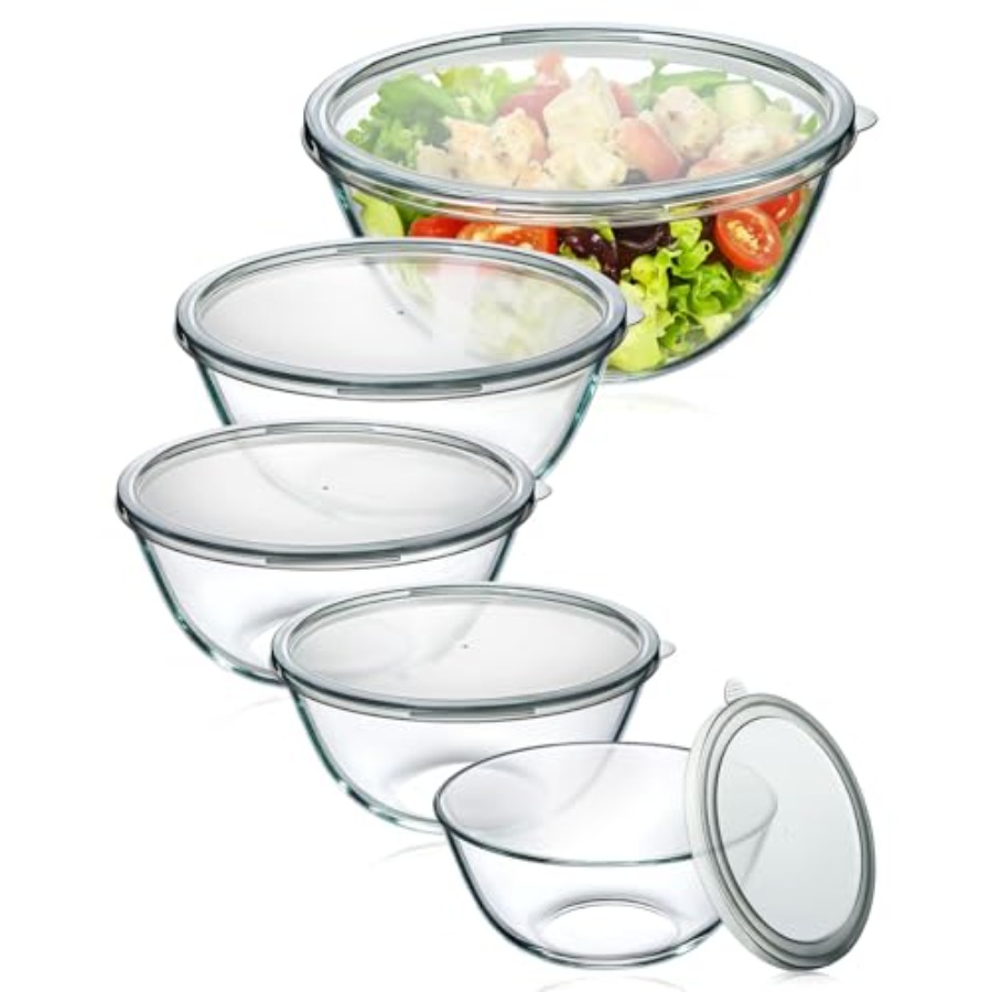 Kitchen Glass Baking Set - ガラス製ミキシングボウル蓋付き5個セット 4.78QT、2.2QT、1.7QT、1.1QT、0.85QT、厚いガラス製入れ子式ボウル キッチンでのベーキング、調理用