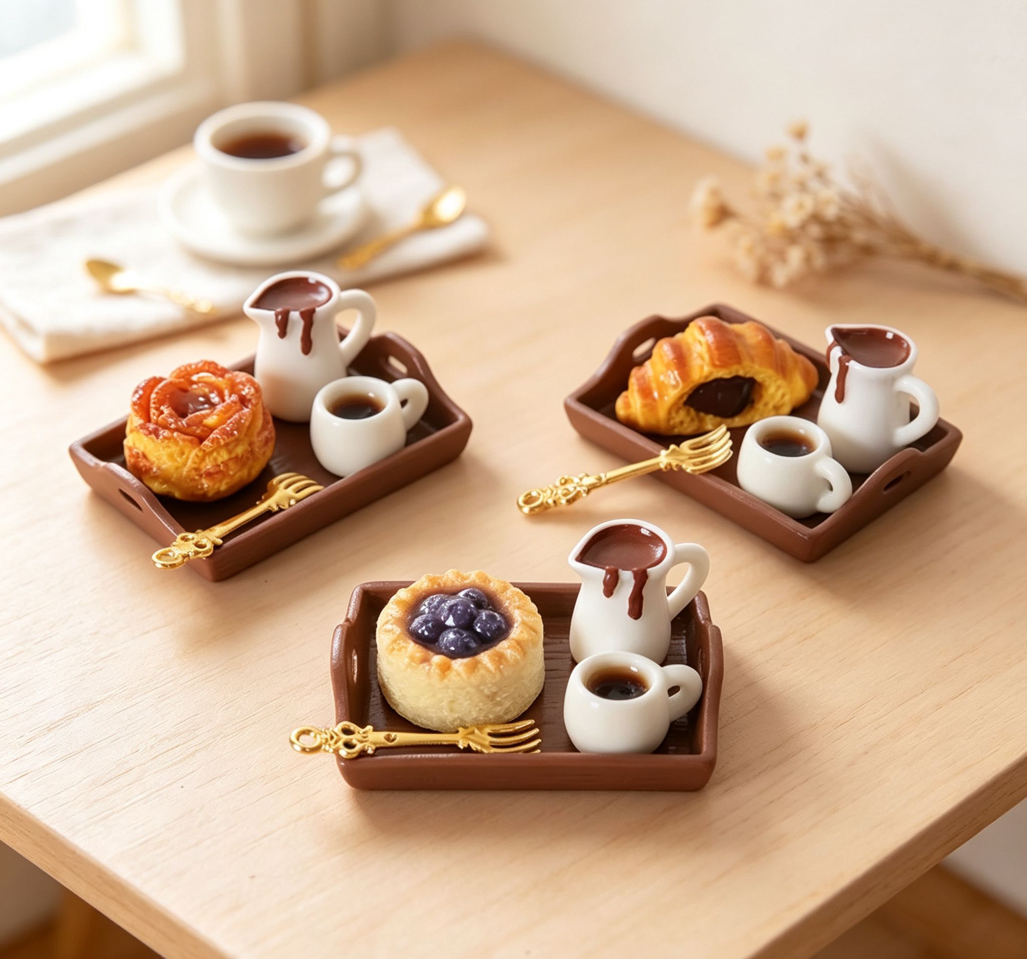 Kitchen Set Bakery - 1:12スケールのミニチュアアフタヌーンティーセット - トレイ付きコーヒー＆ペストリー、ドールハウスのベーカリー＆キッチンシーンの装飾用シミュレーションフード