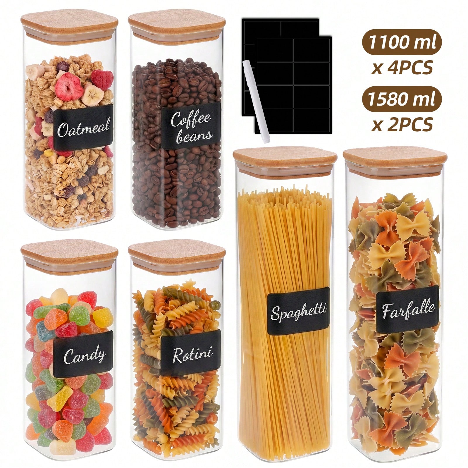 6/12個入りガラス製食品保存容器（蓋付き）、小麦粉、砂糖、 - Kitchen Baking Storage Containers のレビューと価格