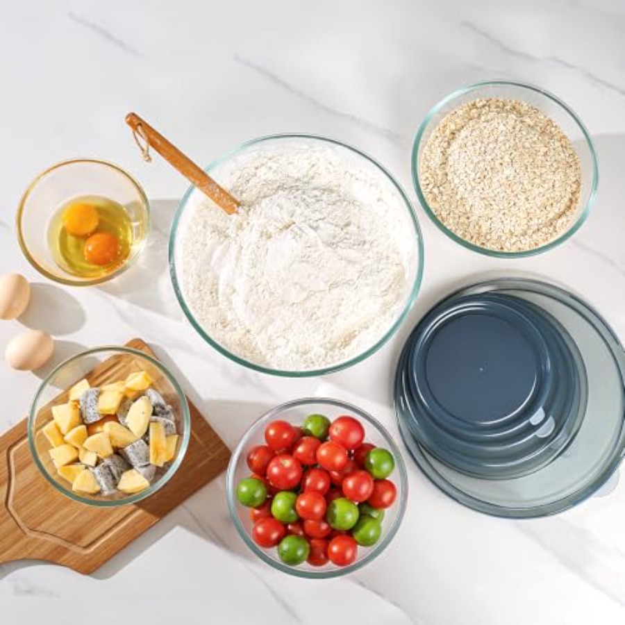 ガラス製ミキシングボウル蓋付き5個セット 4.78QT、2. - Kitchen Glass Baking Set のレビューと価格