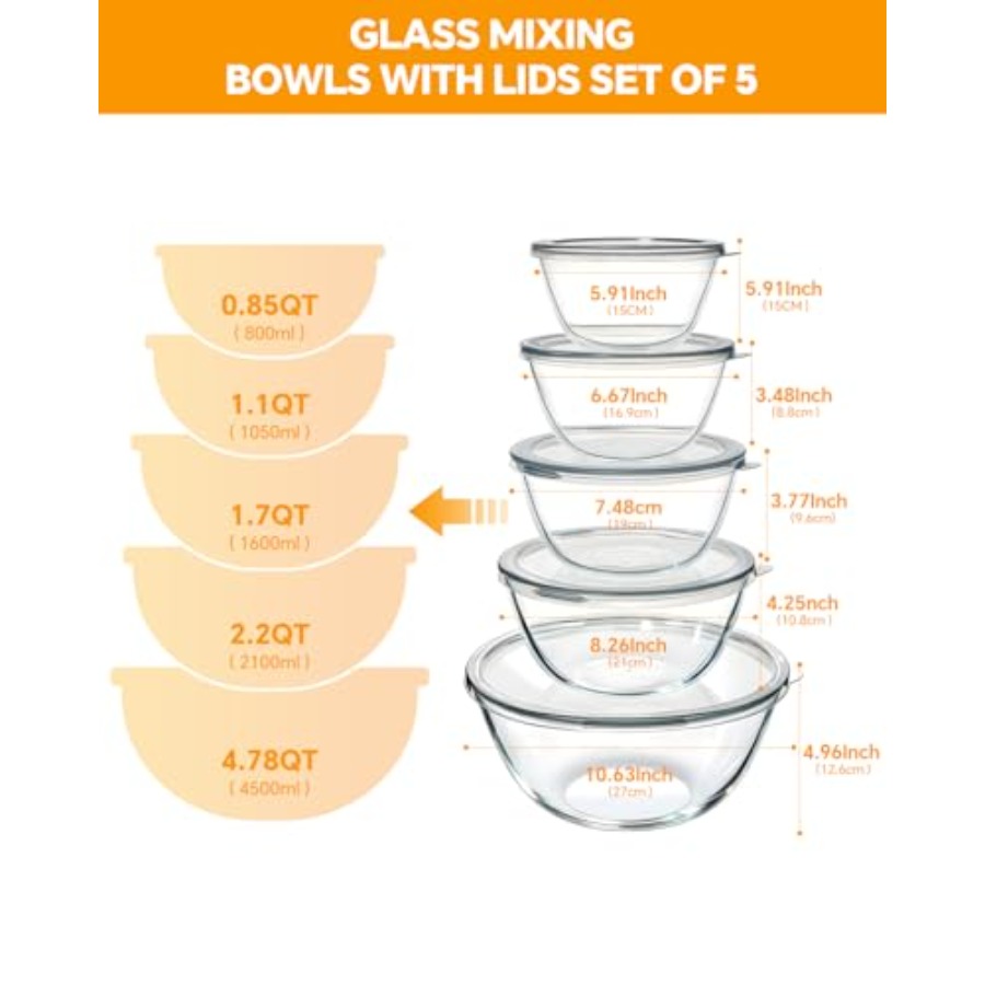 ガラス製ミキシングボウル蓋付き5個セット 4.78QT、2. - Kitchen Glass Baking Set のレビューと価格