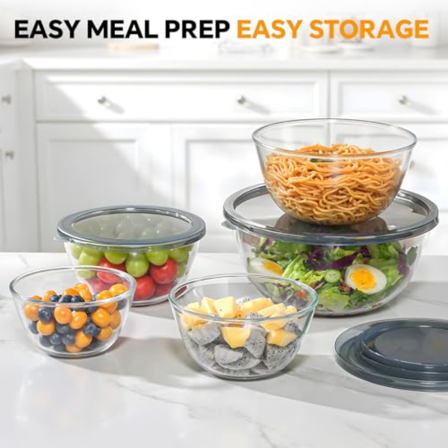 ガラス製ミキシングボウル蓋付き5個セット 4.78QT、2. - Kitchen Glass Baking Set のレビューと価格